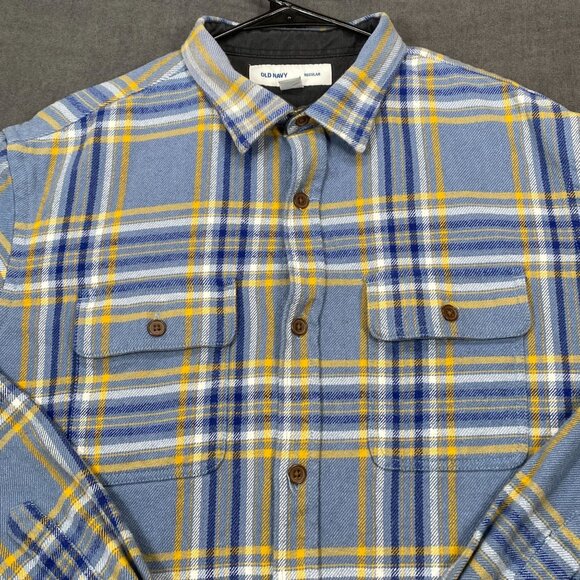 Old Navy Mens XL Plaid Flannel Button-Up Shacket Blue Yellow Cotton Regular Fit - Picture 2 of 12